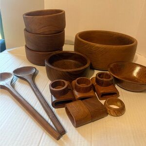 Wooden Dinnerware Serving Bowl and Utensil Set - Natural Brown